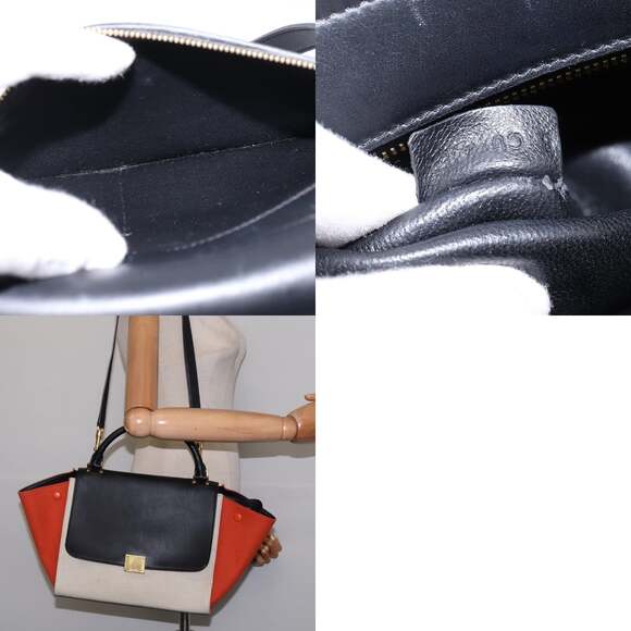 CELINE Trapeze Hand Bag Leather Canvas Beige Black Orange - Picture 13 of 13